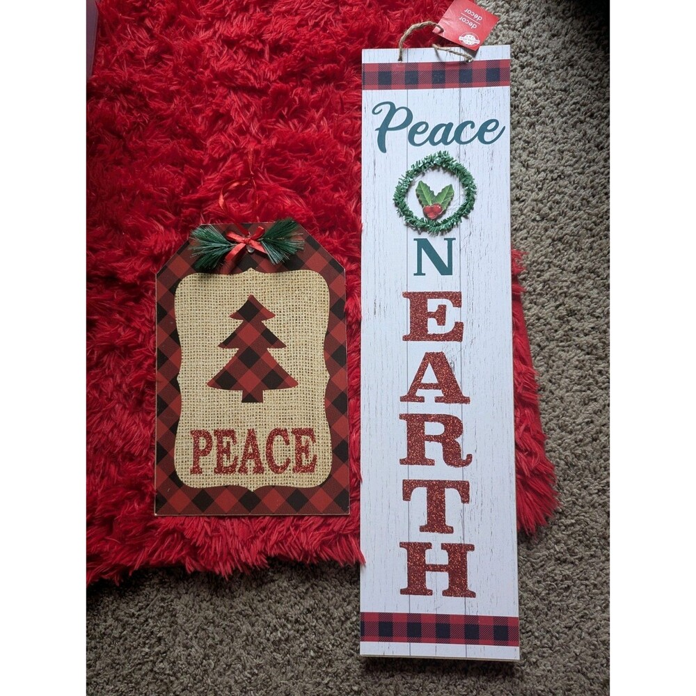 Greenbrier Christmas Wooden Signs Set Peace Hearth Buffalo Plaid Farmhouse